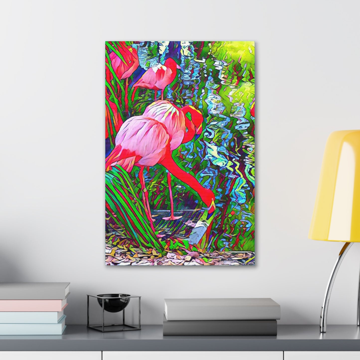 Brilliant Colorful Flamingos on Canvas Gallery Wrap with Finished Back and Hanger in Multiple Sizes