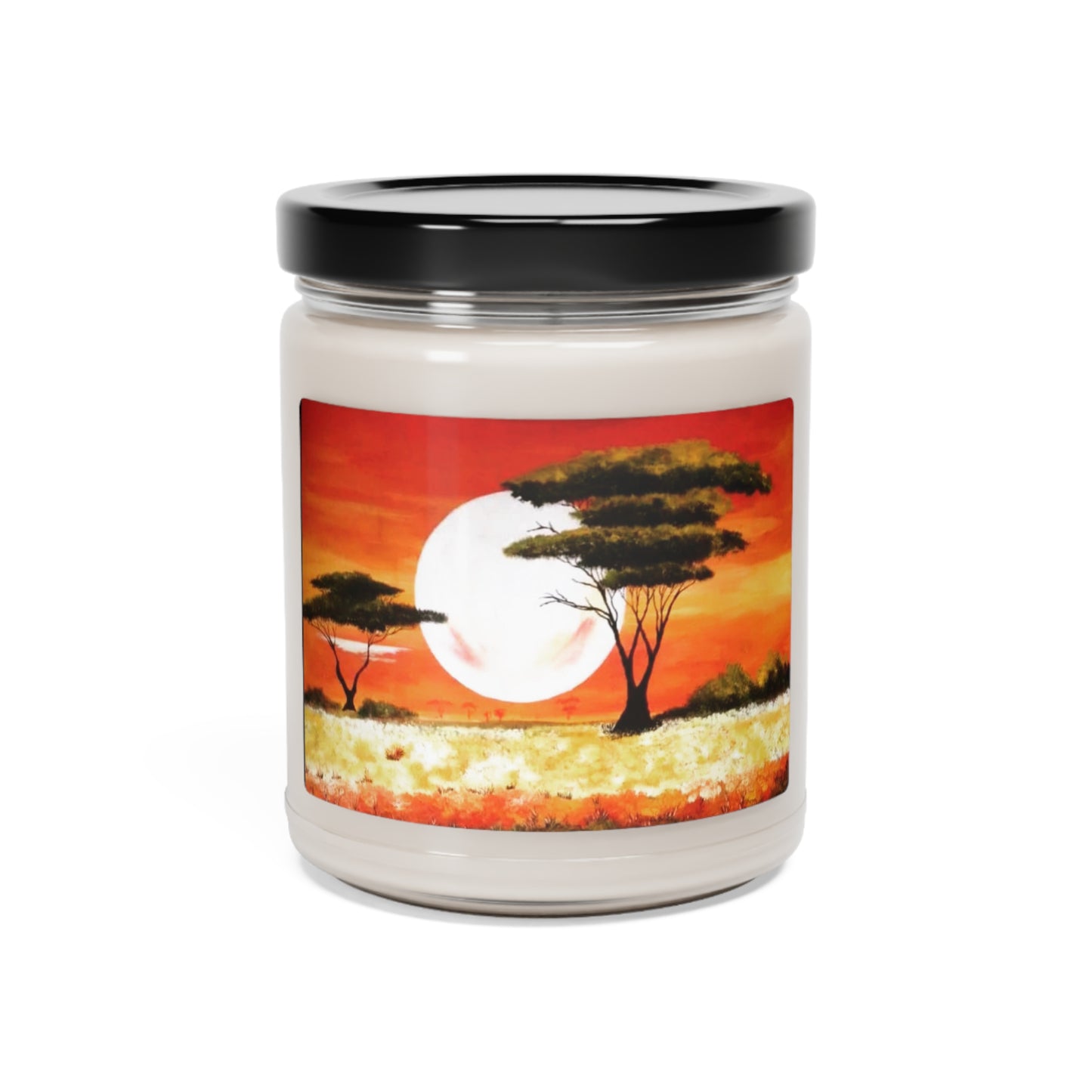 "Moon Lit Savannah" African Artwork on Scented Soy Candles, 9oz  Artwork designed by African Artist, Wambi Joseph