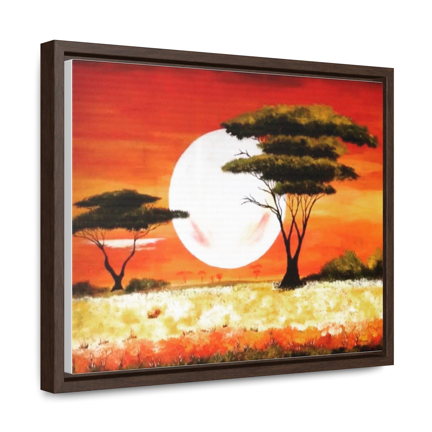 "Moon Lit Savannah" African Wall Art on Canvas, Framed Artwork created and designed by African Artist, Wambi Joseph