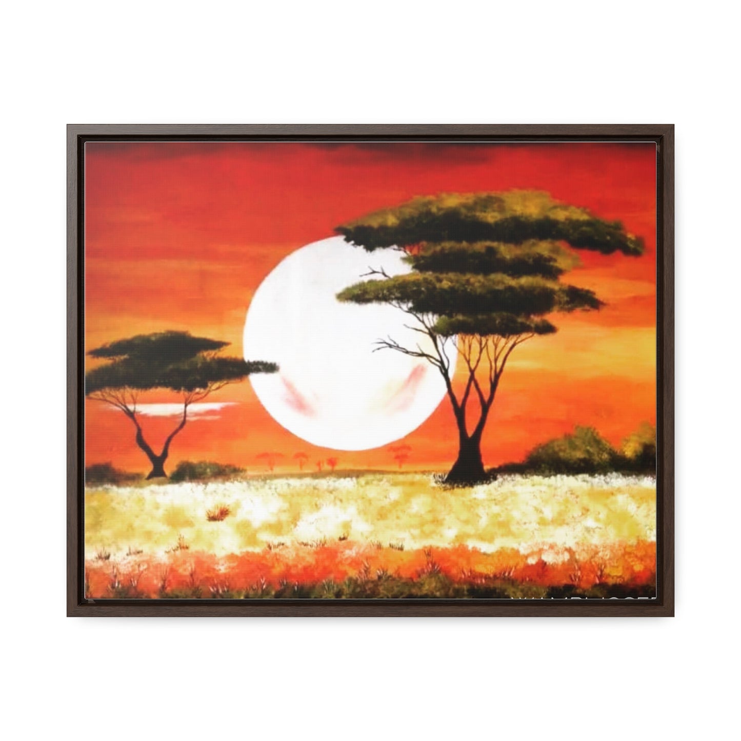 "Moon Lit Savannah" African Wall Art on Canvas, Framed Artwork created and designed by African Artist, Wambi Joseph