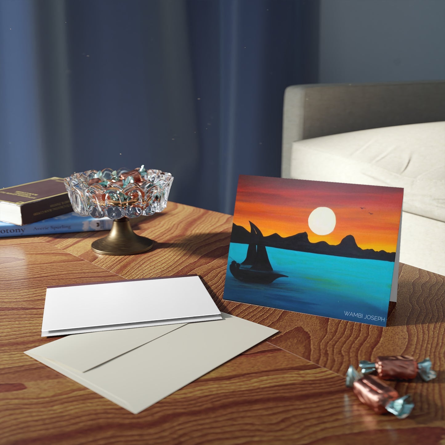 Serene Sunset Sailing on the Nile River Greeting cards (8, 16, and 24 pcs) Artwork done by African Artist, Wambi Joseph