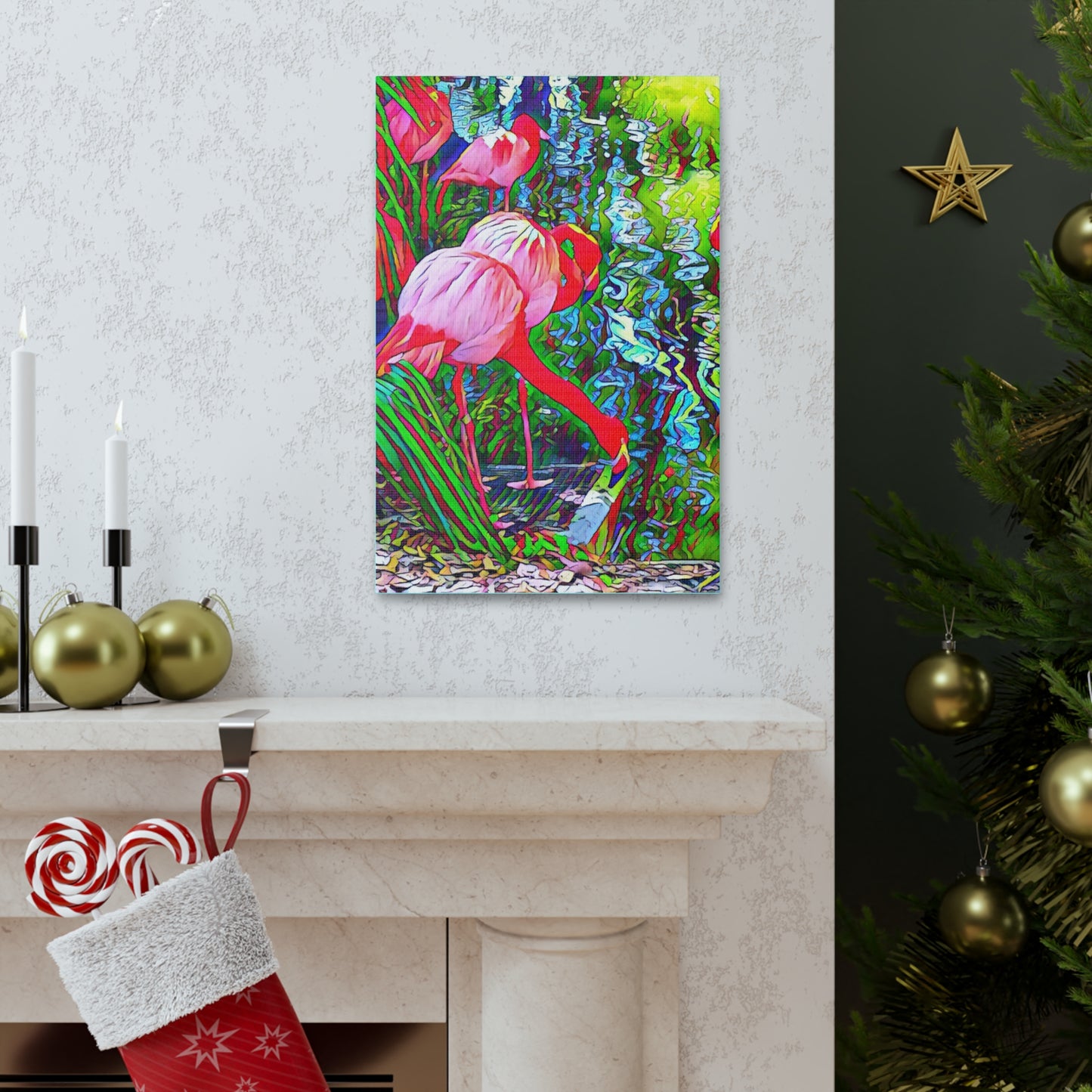 Brilliant Colorful Flamingos on Canvas Gallery Wrap with Finished Back and Hanger in Multiple Sizes