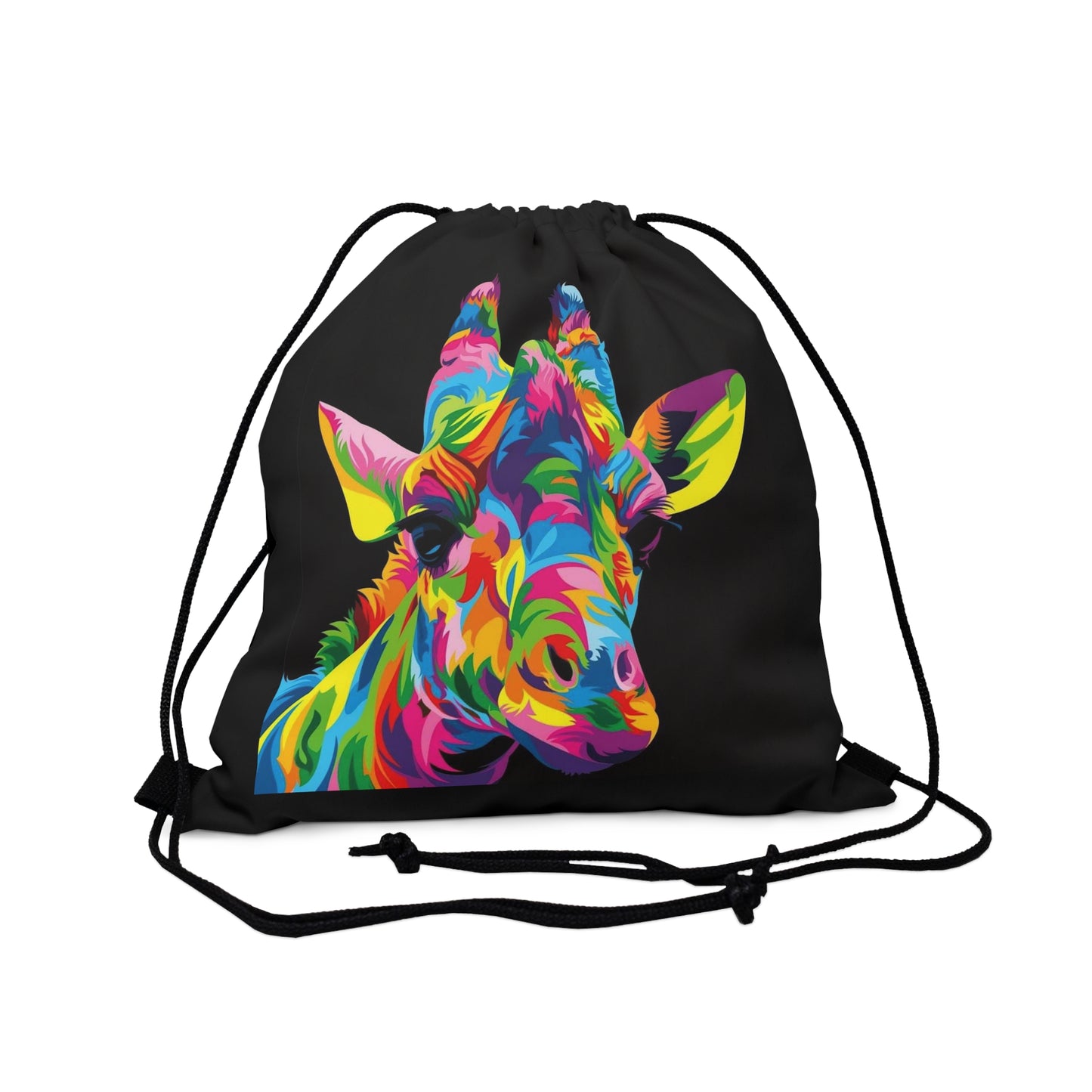 Colorful Giraffe on a Black Outdoor Drawstring Bag