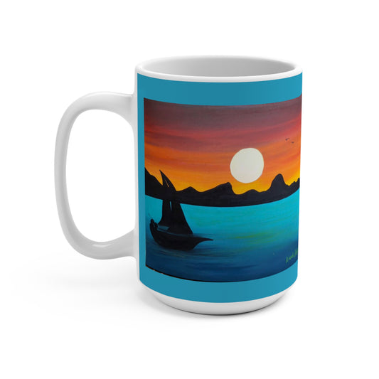 Sky Blue Ceramic Coffee Mug 15oz with Boat Sailing on the Nile River - Artwork done by Wambi Joseph