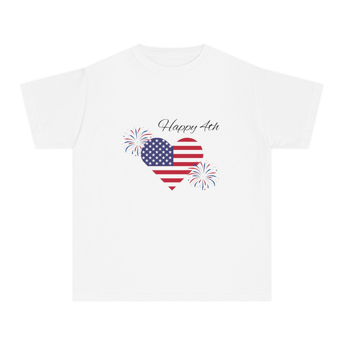 Happy 4th American Flag and Fireworks Youth T-Shirt 100% Cotton