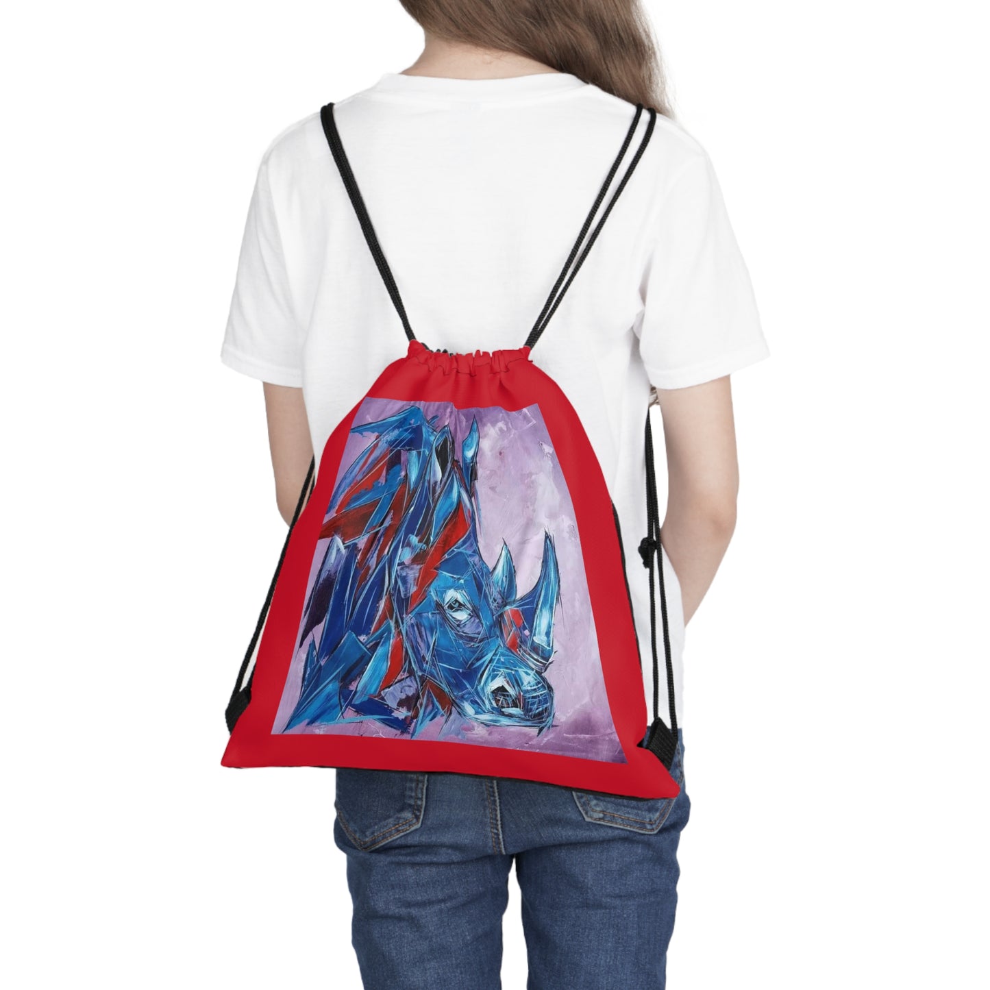 Red Trim Blue Rhino Outdoor Drawstring Bag Artwork done by African Artist, Wambi Joseph