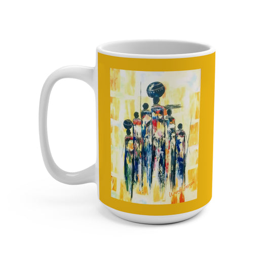 Yellow Ceramic Coffee Mug with "The African Villagers" Mug 15oz- Art work done by Wambi Joseph