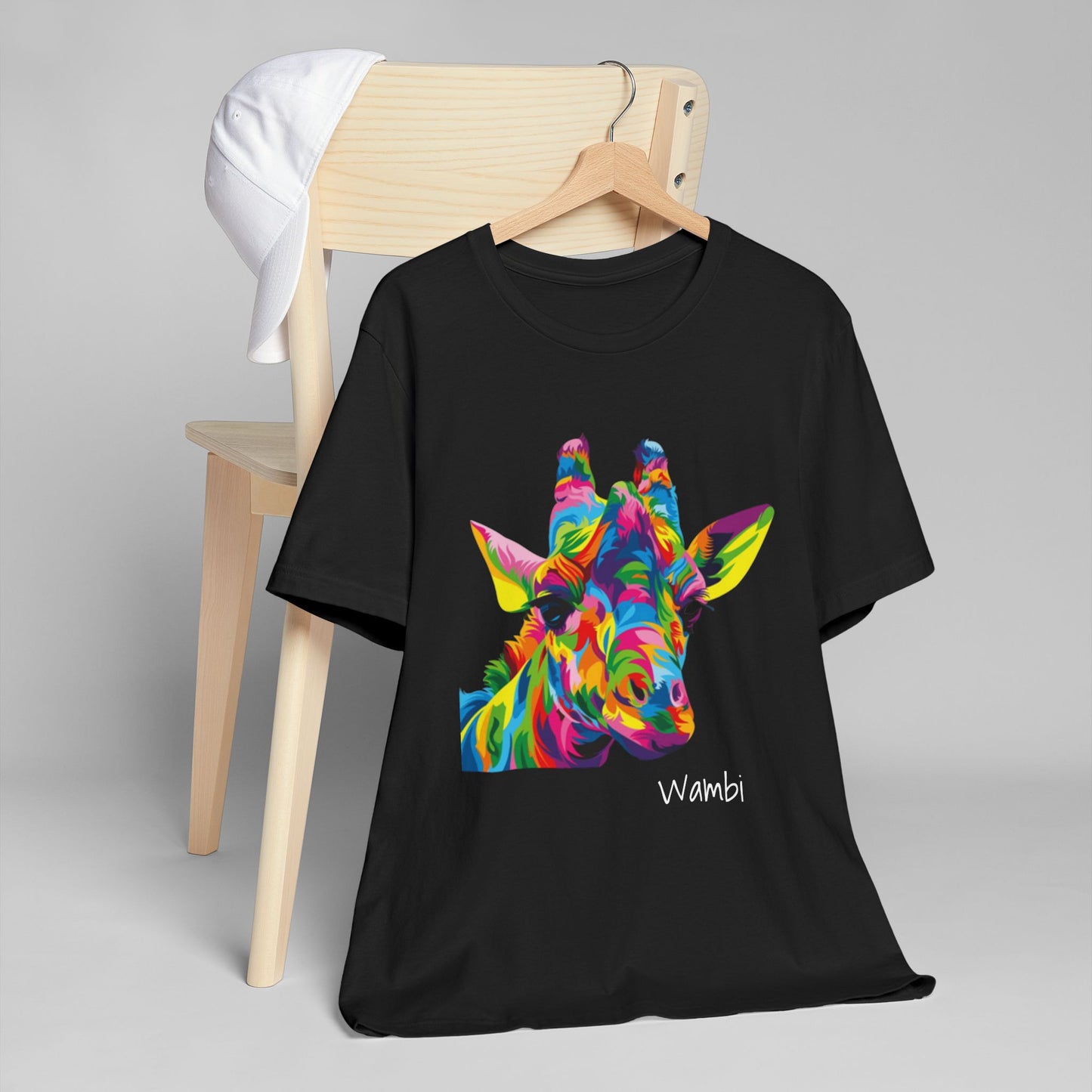 Colorful Giraffe Wambi Art on a Unisex Jersey T-Shirt