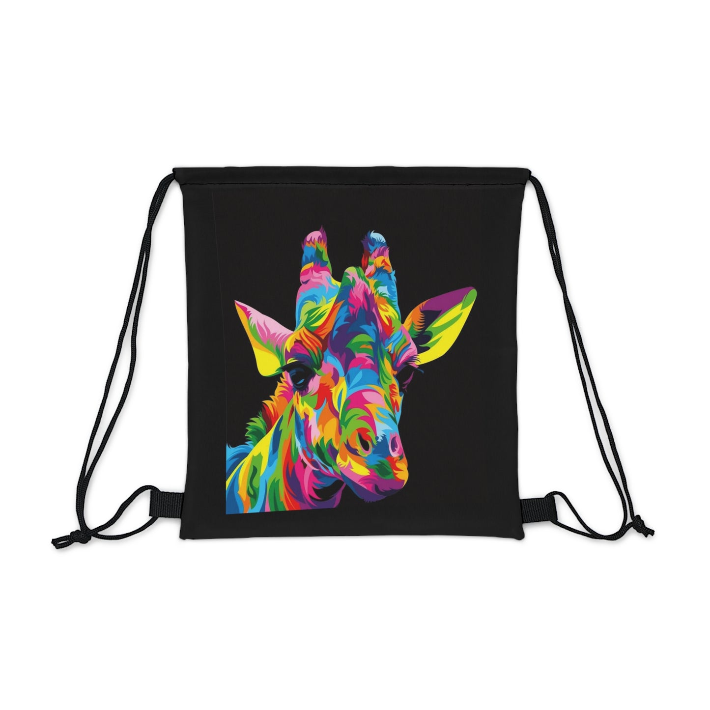 Colorful Giraffe on a Black Outdoor Drawstring Bag