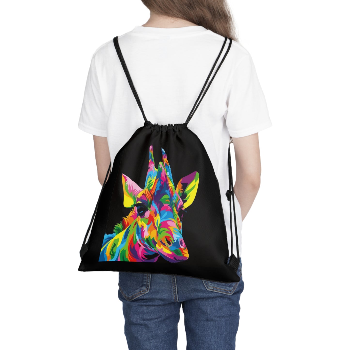 Colorful Giraffe on a Black Outdoor Drawstring Bag