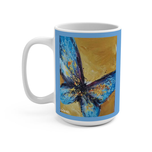 Butterfly on Light Blue Ceramic Coffee Mug 15oz  Artwork done by Wambi Joseph