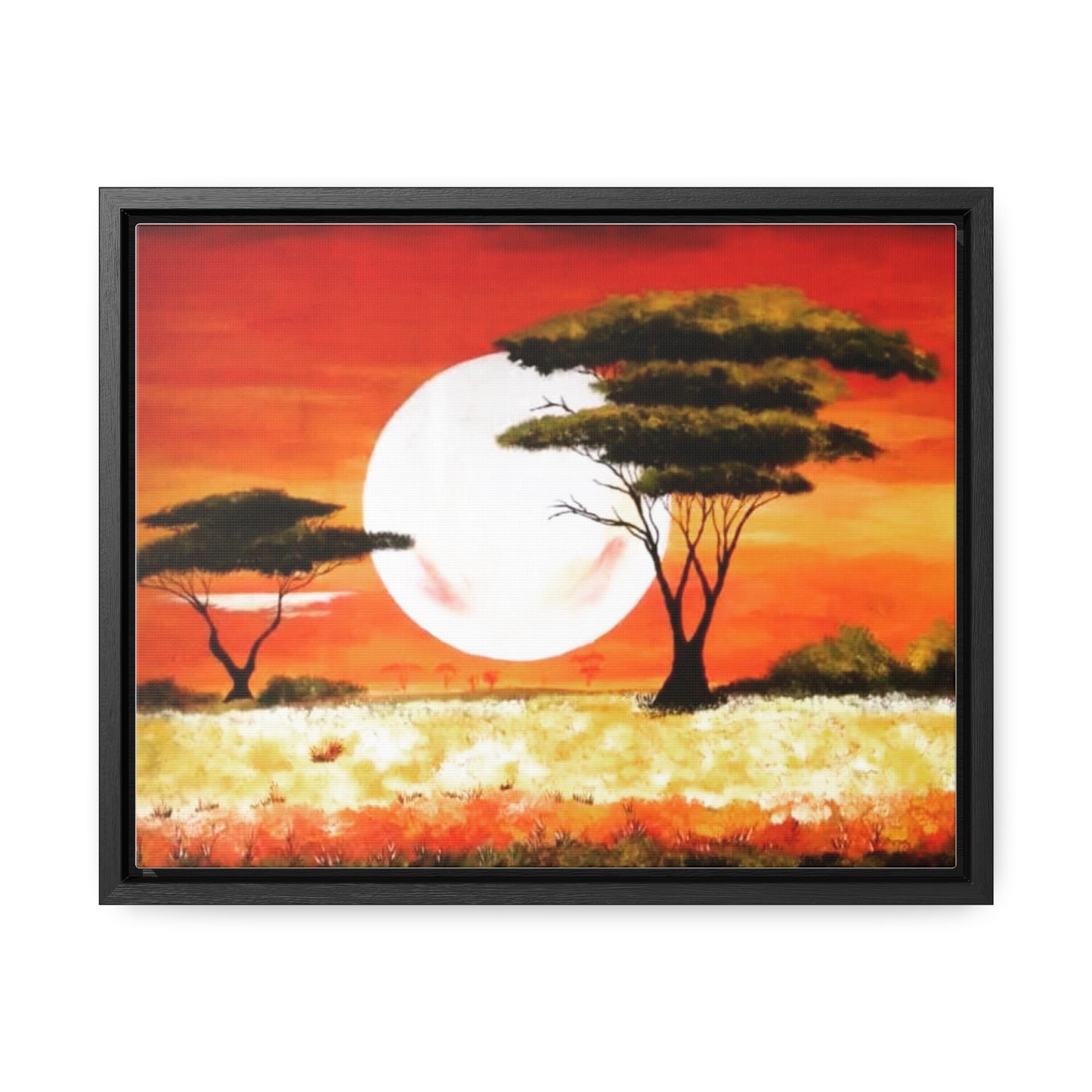 "Moon Lit Savannah" African Wall Art on Canvas, Framed Artwork created and designed by African Artist, Wambi Joseph