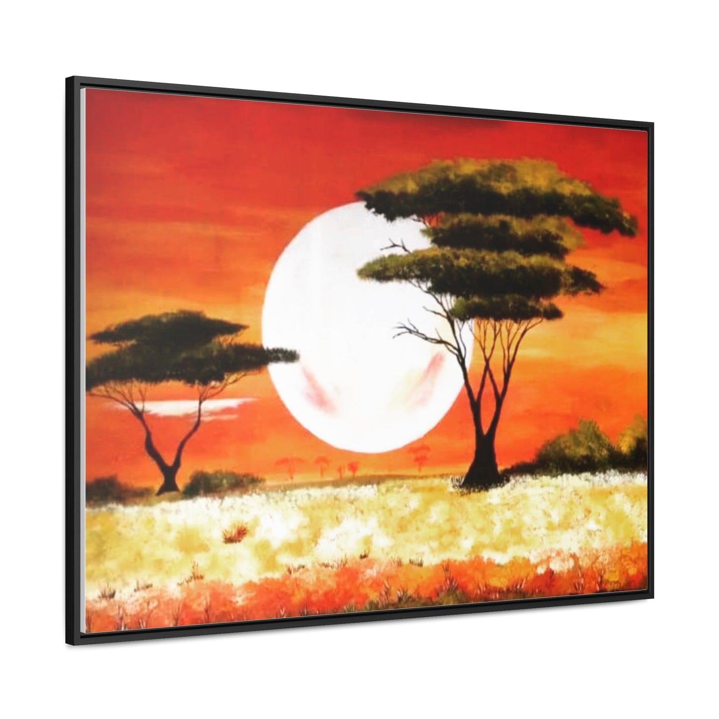 "Moon Lit Savannah" African Wall Art on Canvas, Framed Artwork created and designed by African Artist, Wambi Joseph