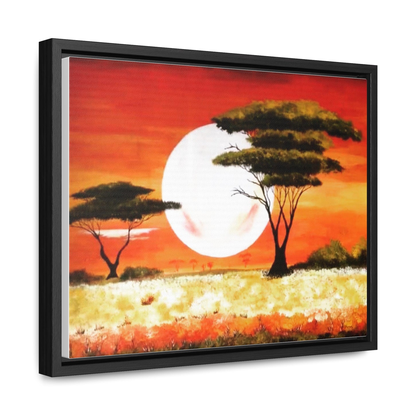 "Moon Lit Savannah" African Wall Art on Canvas, Framed Artwork created and designed by African Artist, Wambi Joseph