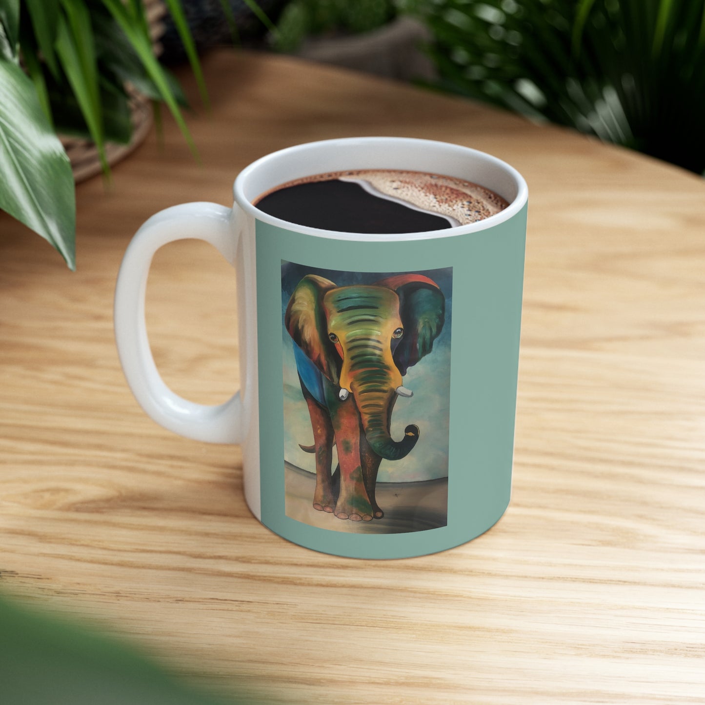 "African Elephant Greeting" Artwork created by African Artist, Wambi Joseph on a Ceramic Mug 11oz