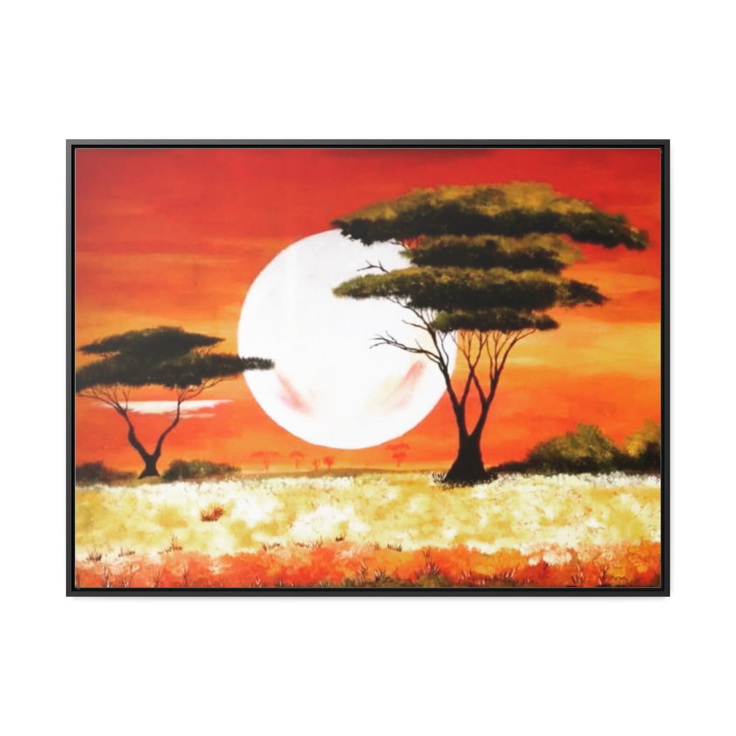 "Moon Lit Savannah" African Wall Art on Canvas, Framed Artwork created and designed by African Artist, Wambi Joseph