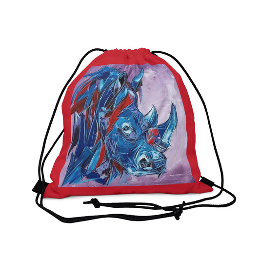 Red Trim Blue Rhino Outdoor Drawstring Bag Artwork done by African Artist, Wambi Joseph