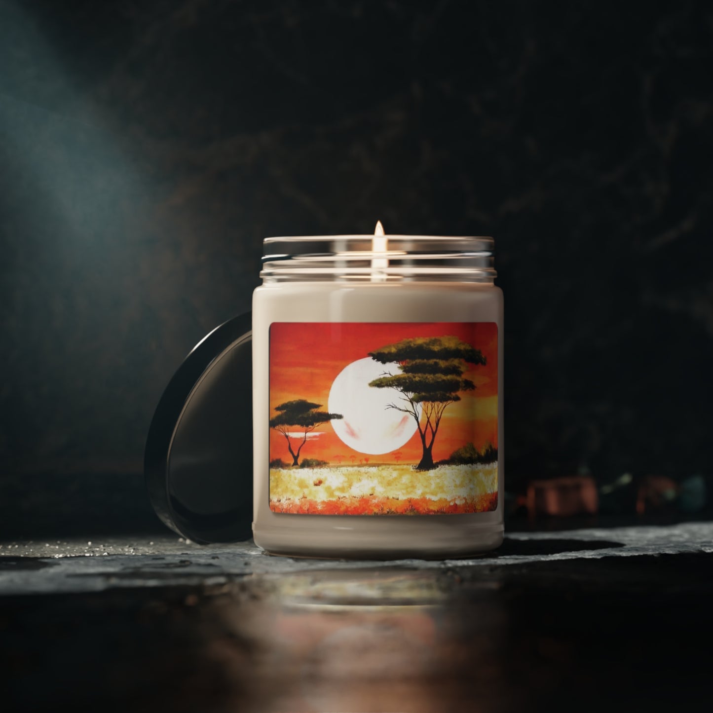 "Moon Lit Savannah" African Artwork on Scented Soy Candles, 9oz  Artwork designed by African Artist, Wambi Joseph