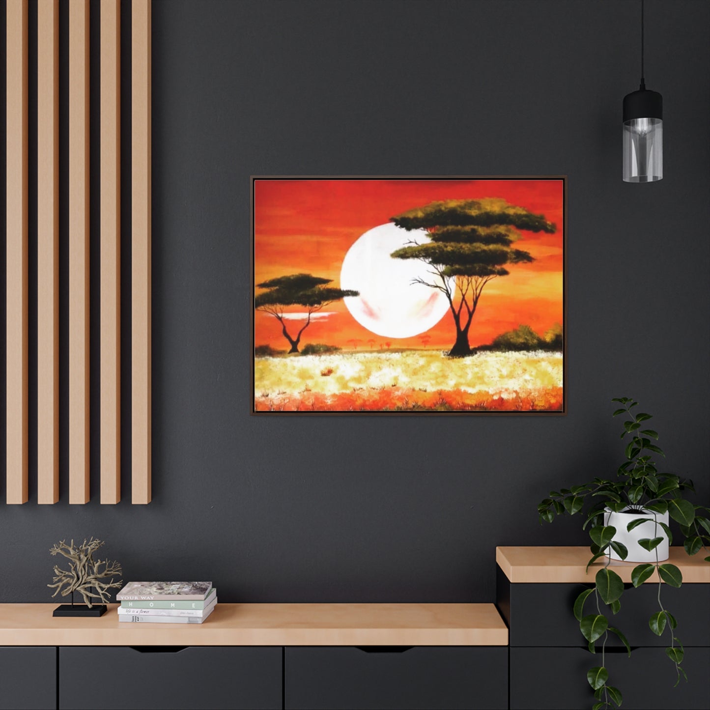 "Moon Lit Savannah" African Wall Art on Canvas, Framed Artwork created and designed by African Artist, Wambi Joseph