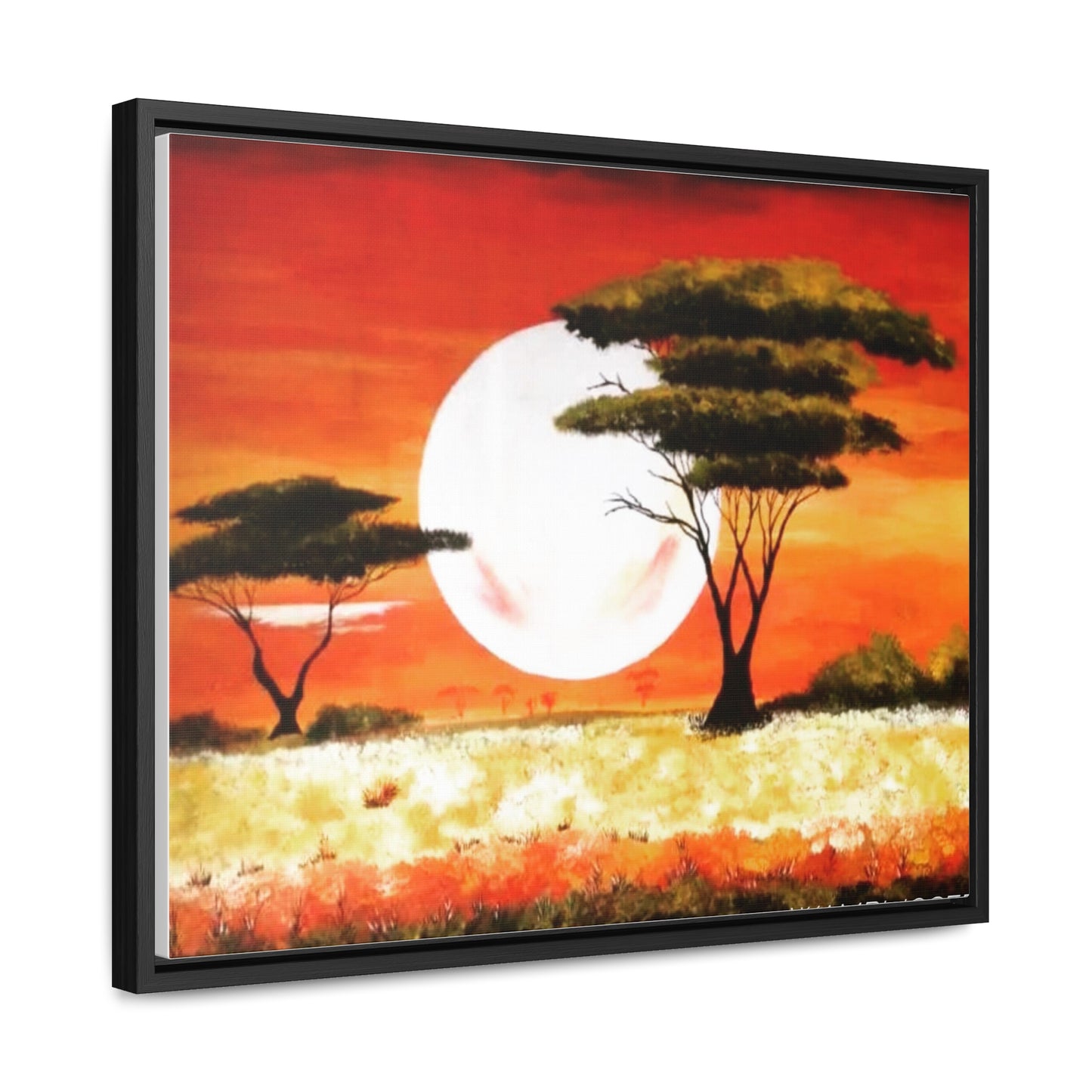 "Moon Lit Savannah" African Wall Art on Canvas, Framed Artwork created and designed by African Artist, Wambi Joseph