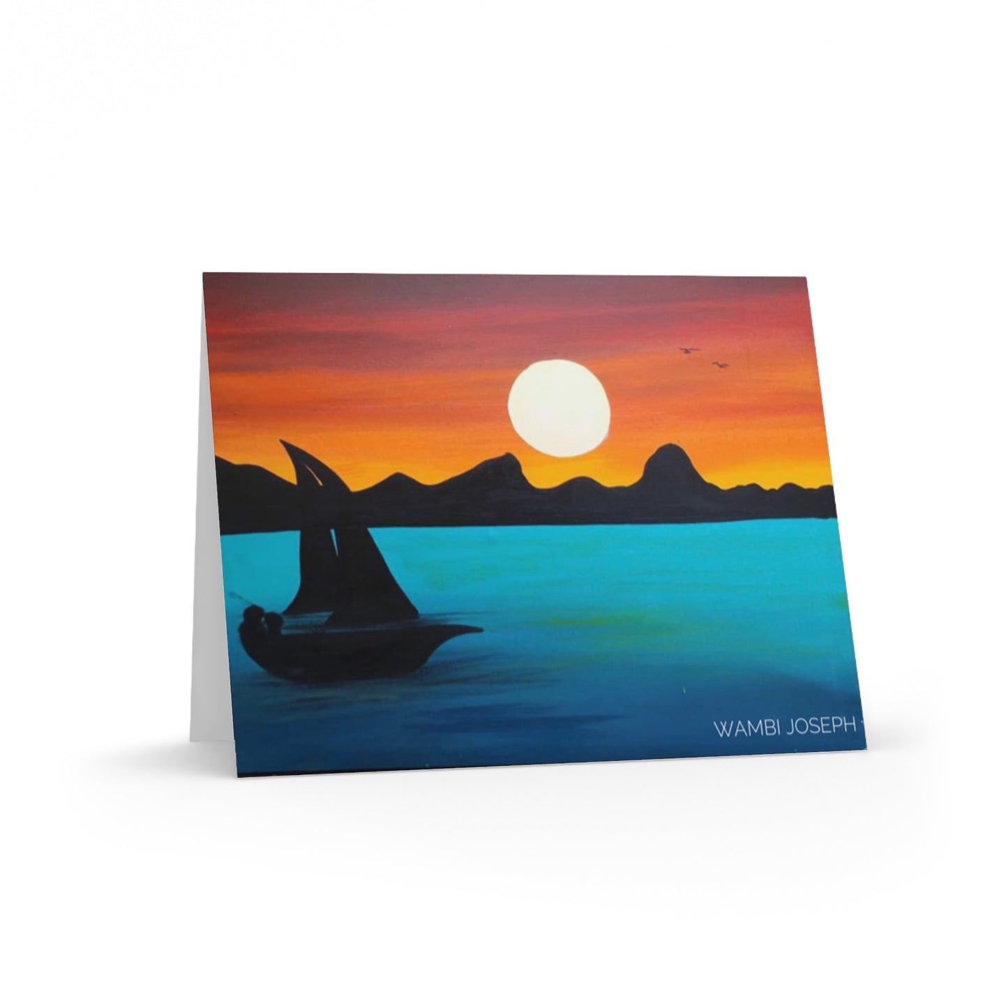 Serene Sunset Sailing on the Nile River Greeting cards (8, 16, and 24 pcs) Artwork done by African Artist, Wambi Joseph