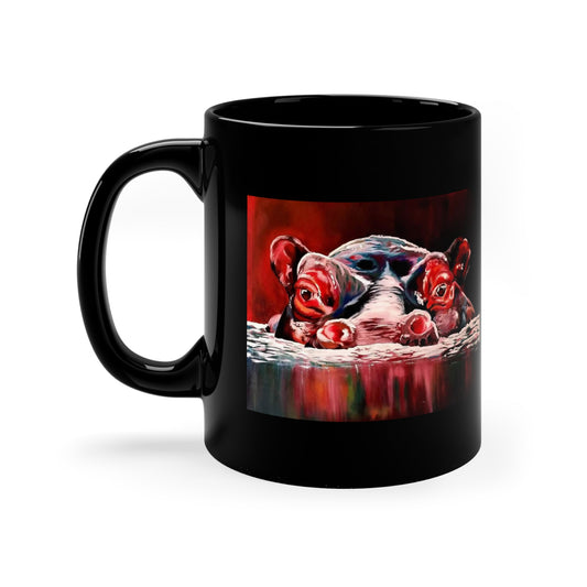 "Red Nile Hippo" African Artwork Created By African Artist, Wambi Joseph on a 11oz Black Mug