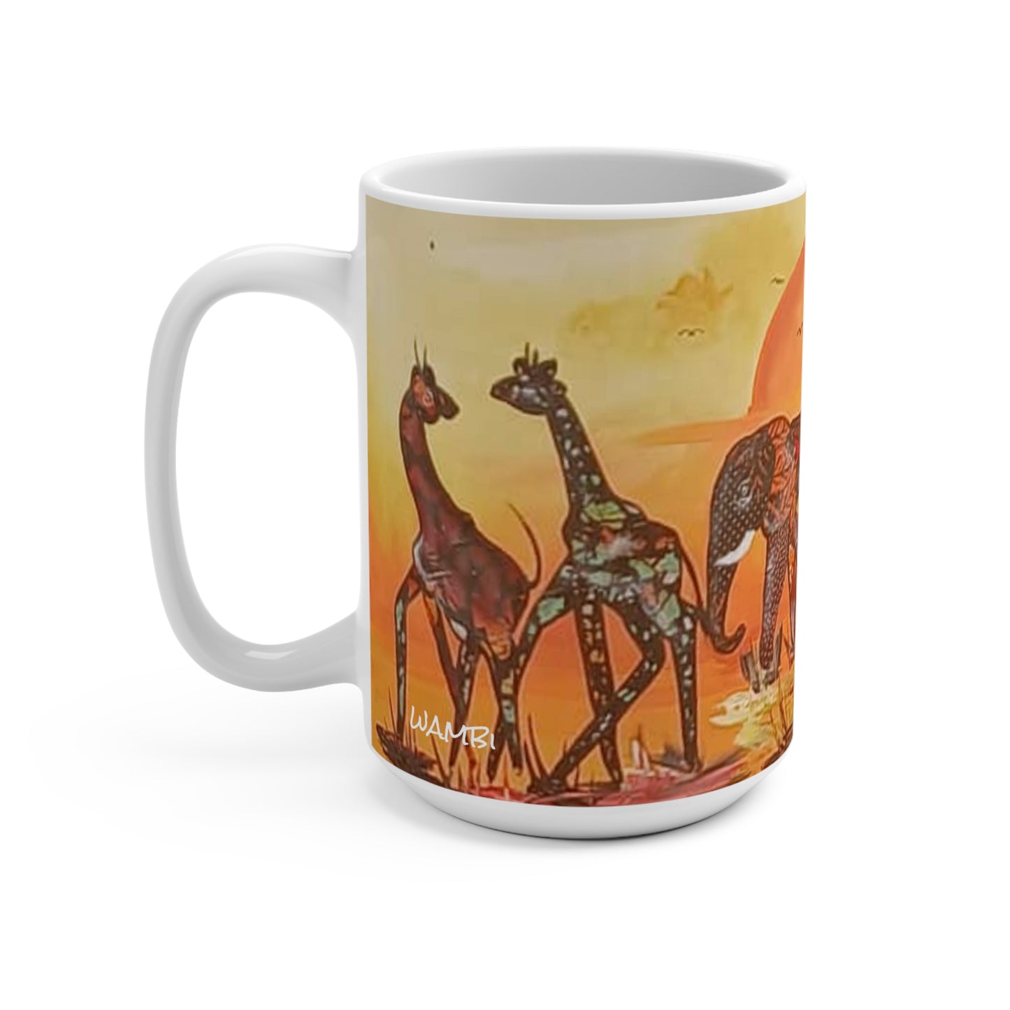 African Savannah Animal Ceramic Coffee Mug 15oz with Elephants and Giraffes, orange setting