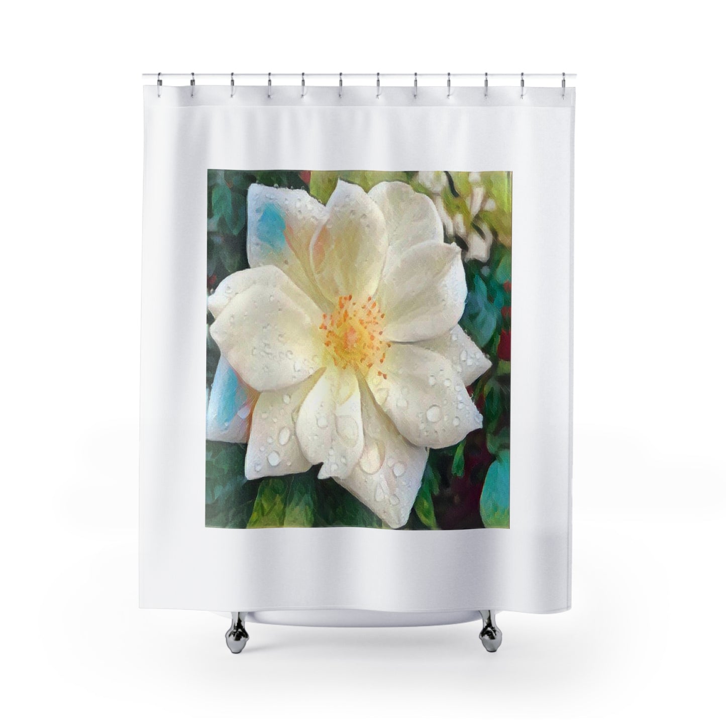 Eloquent White Rose in the Rain Shower Curtain 71" x 74"