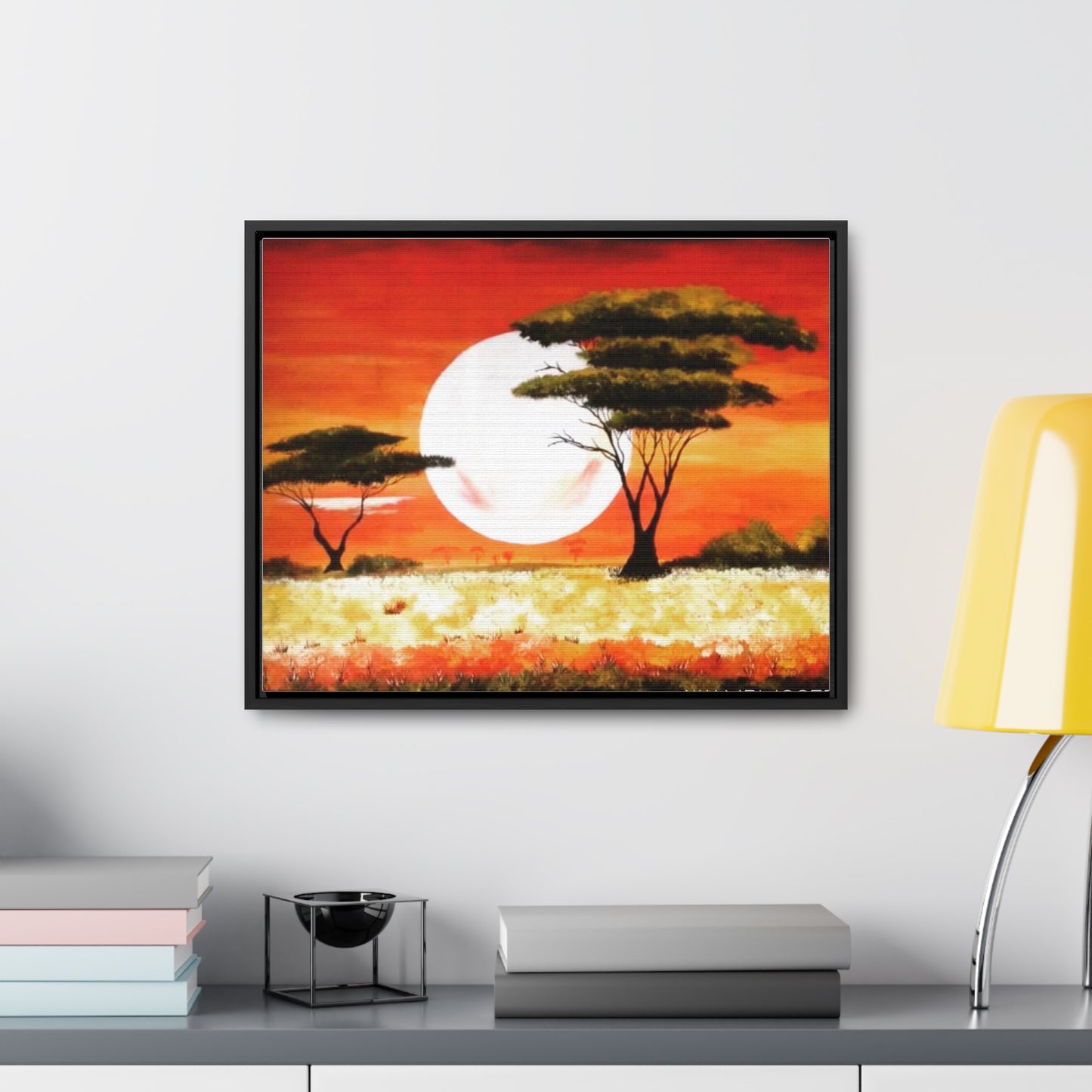 "Moon Lit Savannah" African Wall Art on Canvas, Framed Artwork created and designed by African Artist, Wambi Joseph