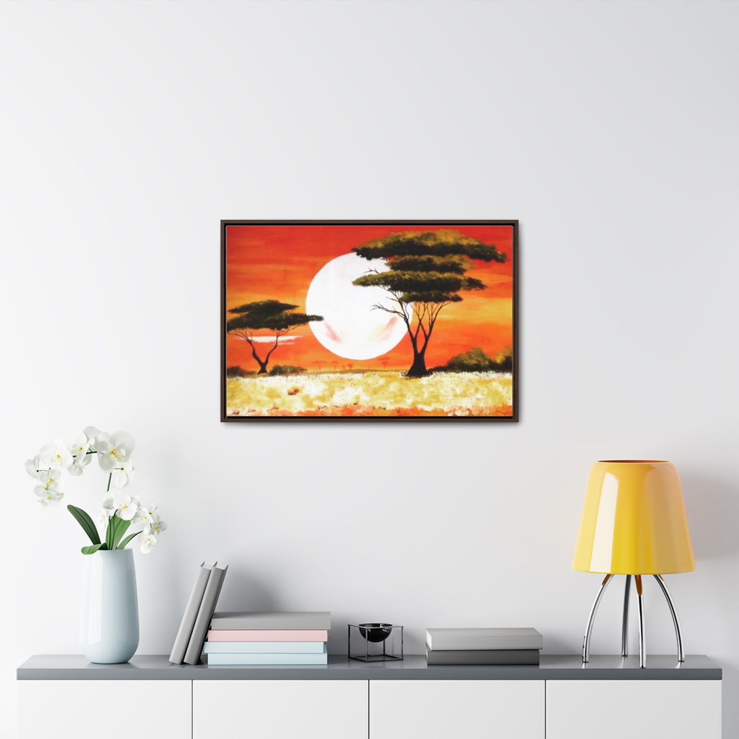 "Moon Lit Savannah" African Wall Art on Canvas, Framed Artwork created and designed by African Artist, Wambi Joseph