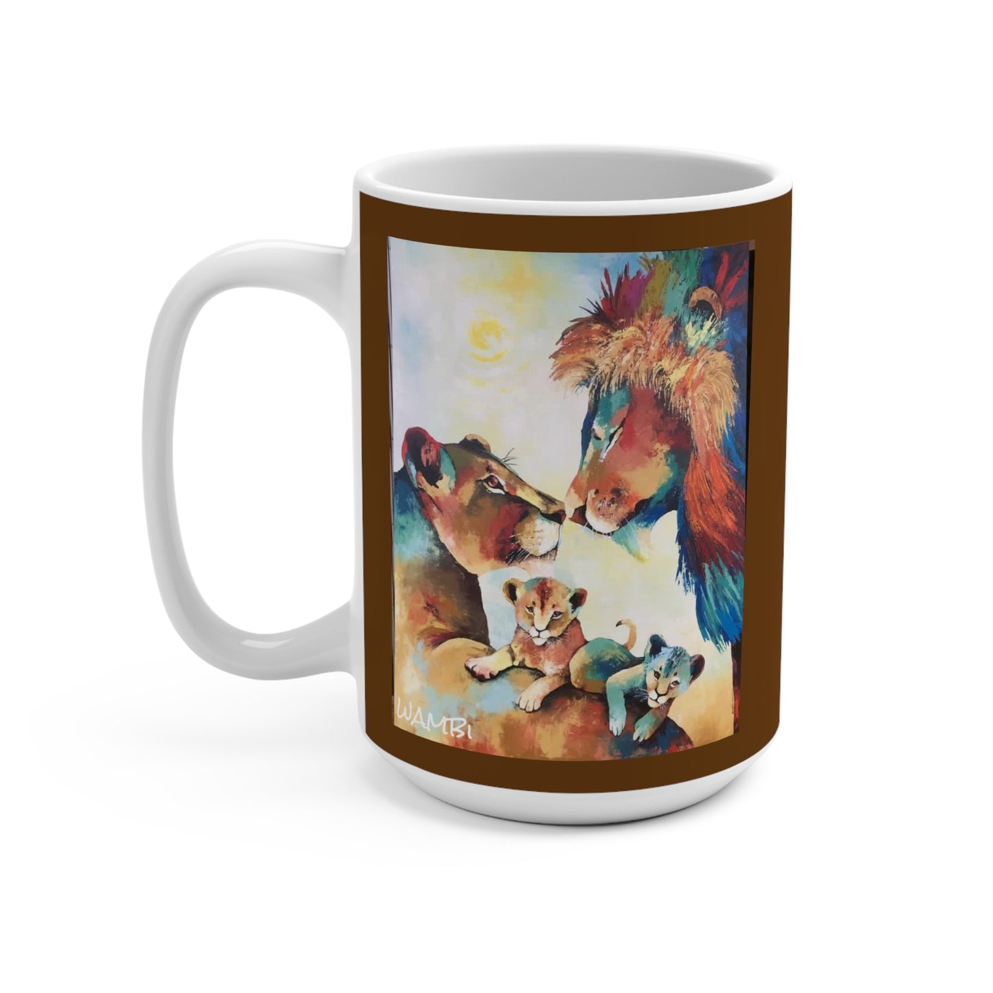 African Lion Family Ceramic Coffee Mug with Brown Background15oz Artwork done by Wambi Joseph