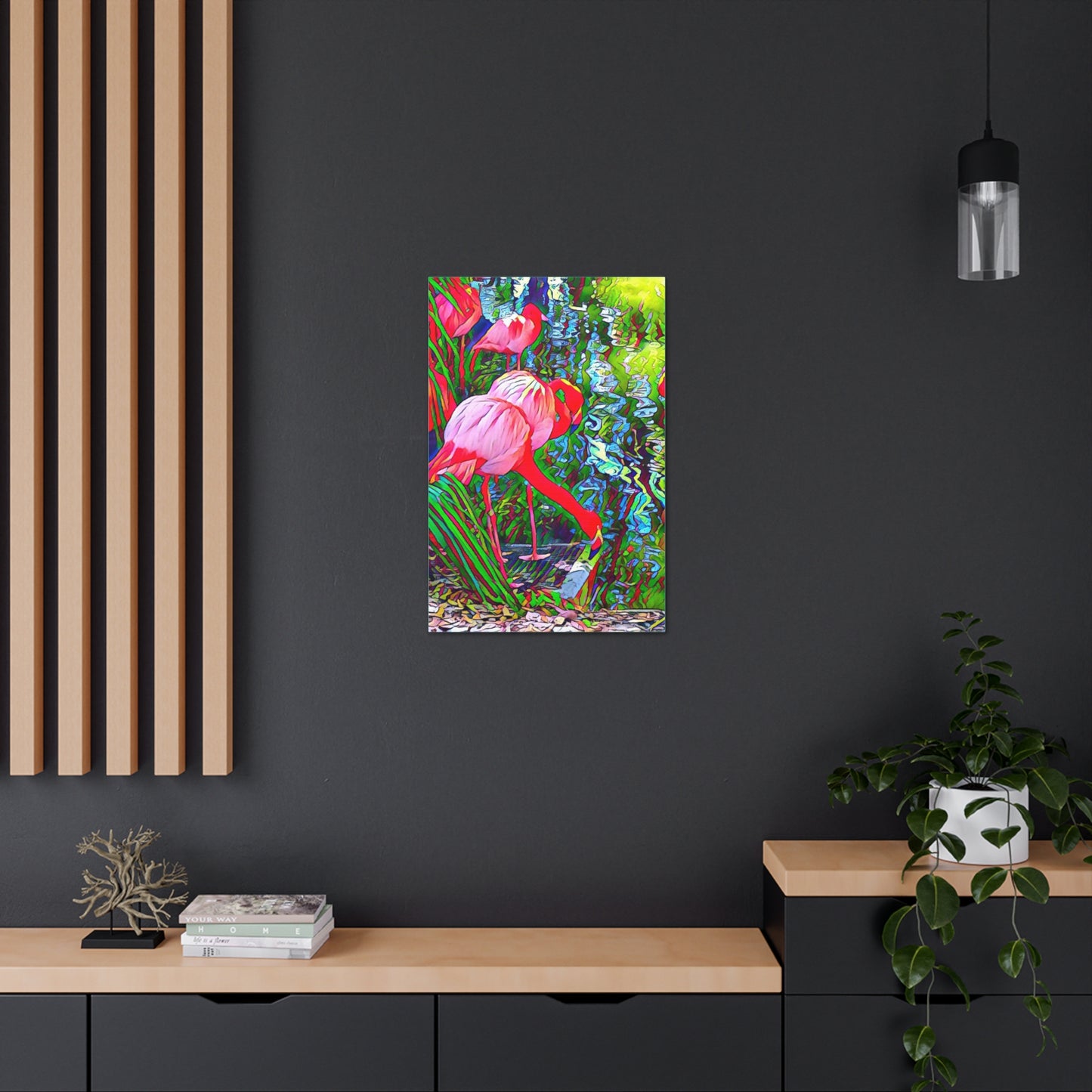 Brilliant Colorful Flamingos on Canvas Gallery Wrap with Finished Back and Hanger in Multiple Sizes