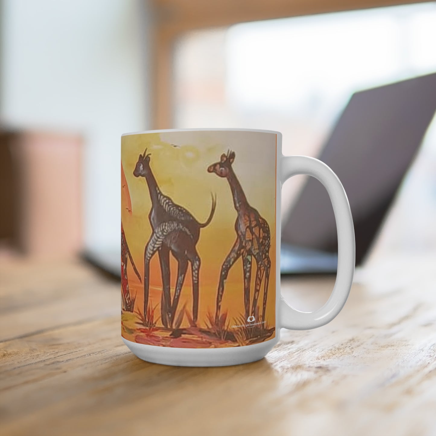 African Savannah Animal Ceramic Coffee Mug 15oz with Elephants and Giraffes, orange setting