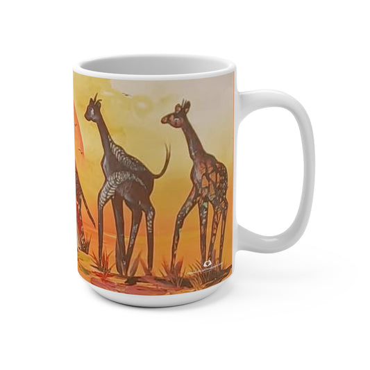 African Savannah Animal Ceramic Coffee Mug 15oz with Elephants and Giraffes, orange setting