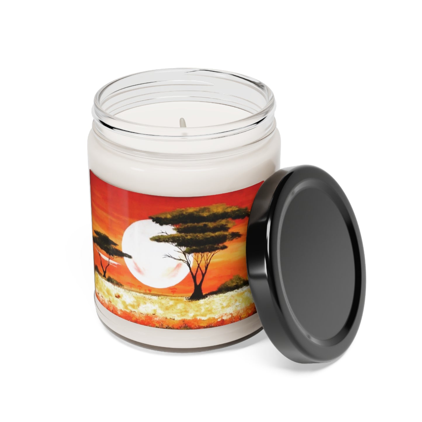 "Moon Lit Savannah" African Artwork on Scented Soy Candles, 9oz  Artwork designed by African Artist, Wambi Joseph