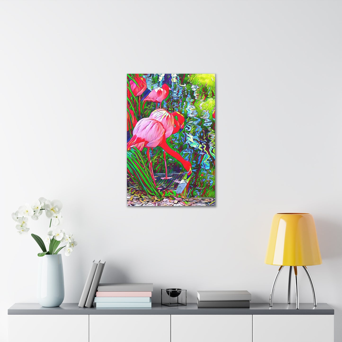 Brilliant Colorful Flamingos on Canvas Gallery Wrap with Finished Back and Hanger in Multiple Sizes