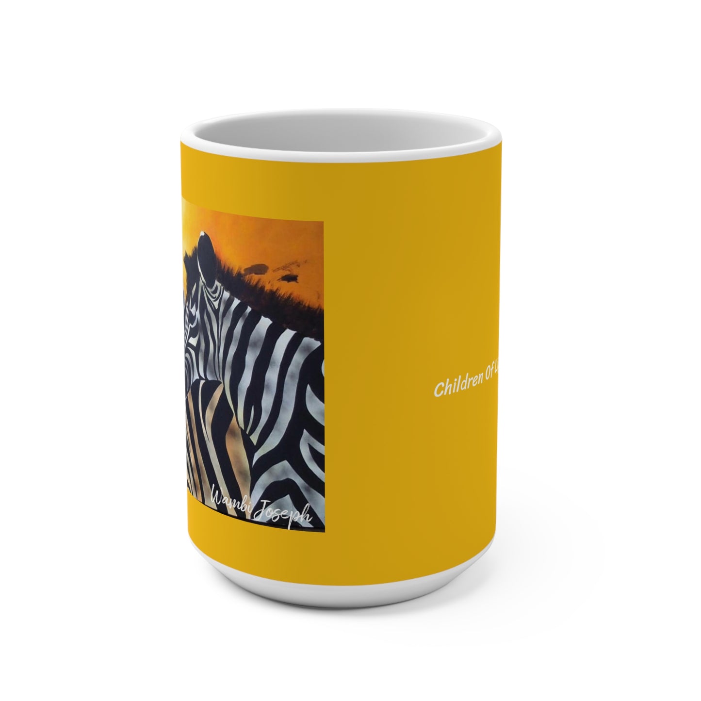 Yellow African Zebra Ceramic Coffee Mug 15oz Artwork done by Wambi Joseph, African Artist