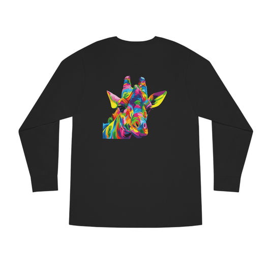 Adult Long Sleeve Black Crewneck Tee with 'Everything is going to be OK" on front and Colorful Giraffe on Back