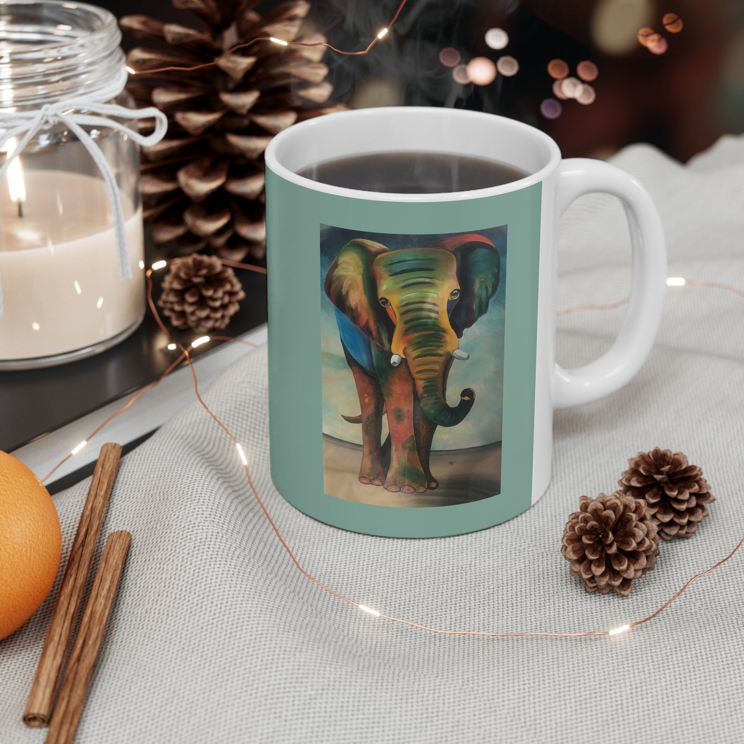 "African Elephant Greeting" Artwork created by African Artist, Wambi Joseph on a Ceramic Mug 11oz