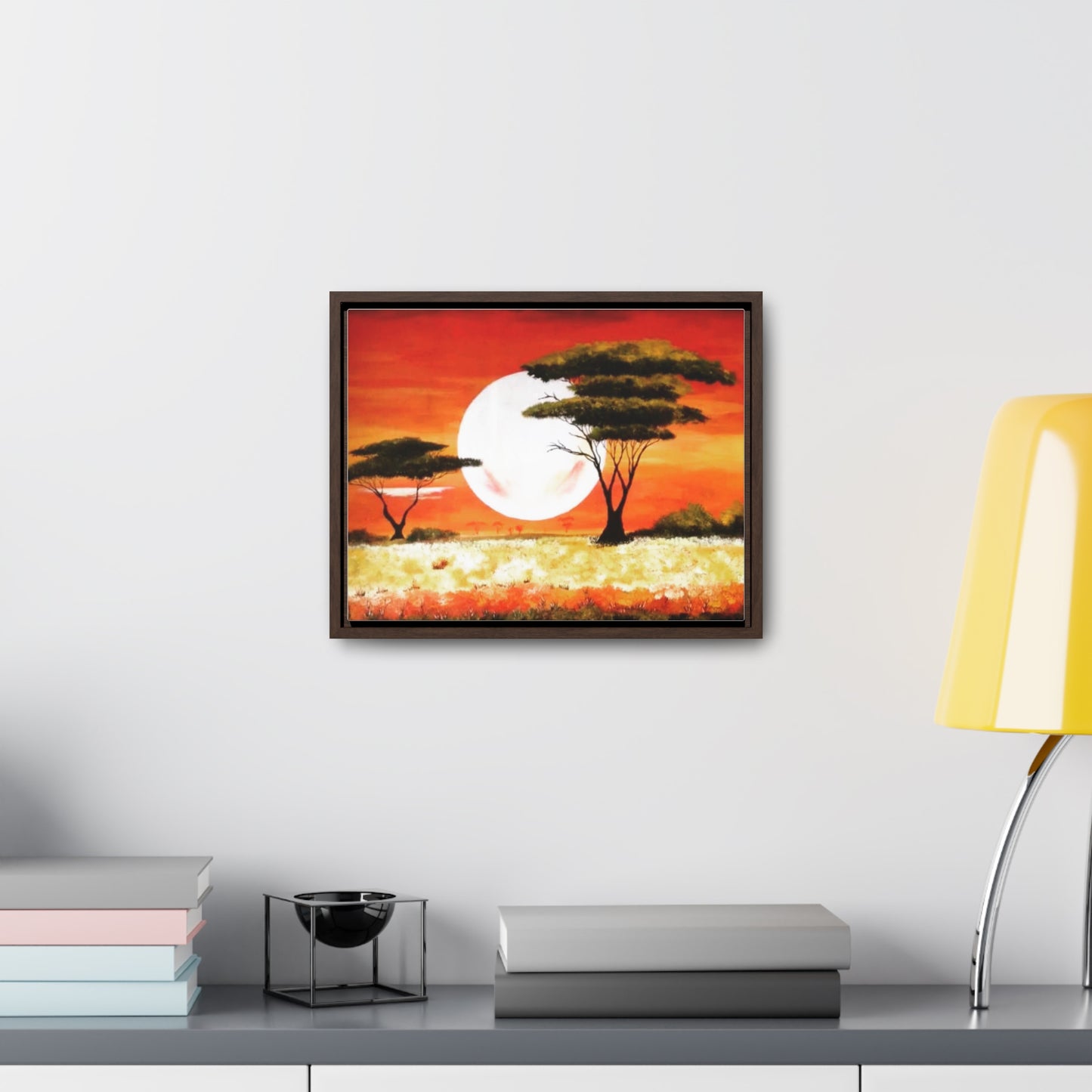 "Moon Lit Savannah" African Wall Art on Canvas, Framed Artwork created and designed by African Artist, Wambi Joseph