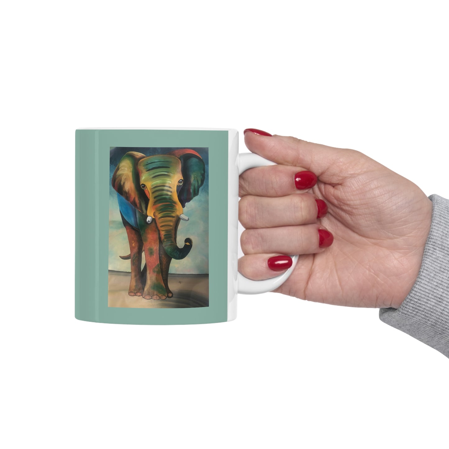 "African Elephant Greeting" Artwork created by African Artist, Wambi Joseph on a Ceramic Mug 11oz