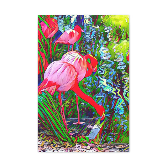 Brilliant Colorful Flamingos on Canvas Gallery Wrap with Finished Back and Hanger in Multiple Sizes