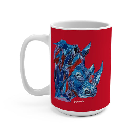 Blue Rhino on Red Ceramic Coffee Mug 15oz Artwork done by Wambi joseph