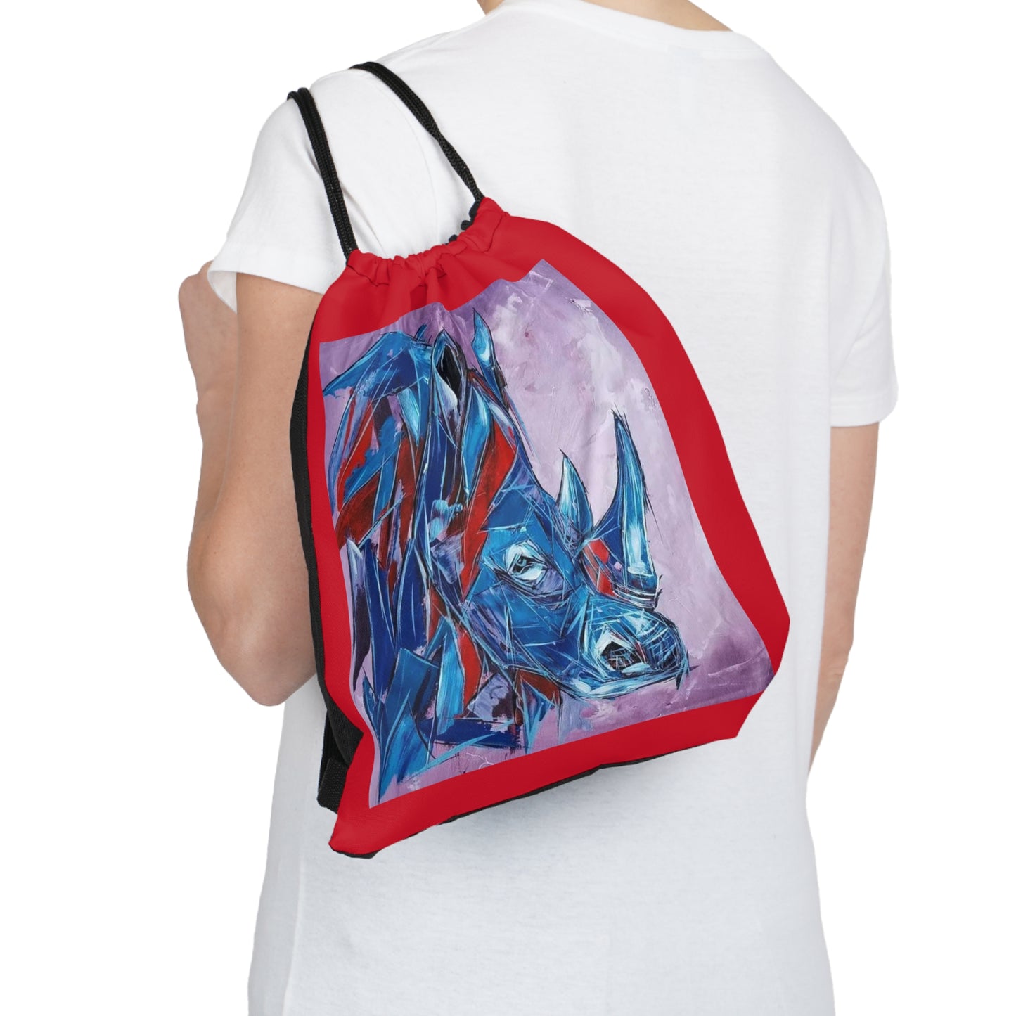 Red Trim Blue Rhino Outdoor Drawstring Bag Artwork done by African Artist, Wambi Joseph