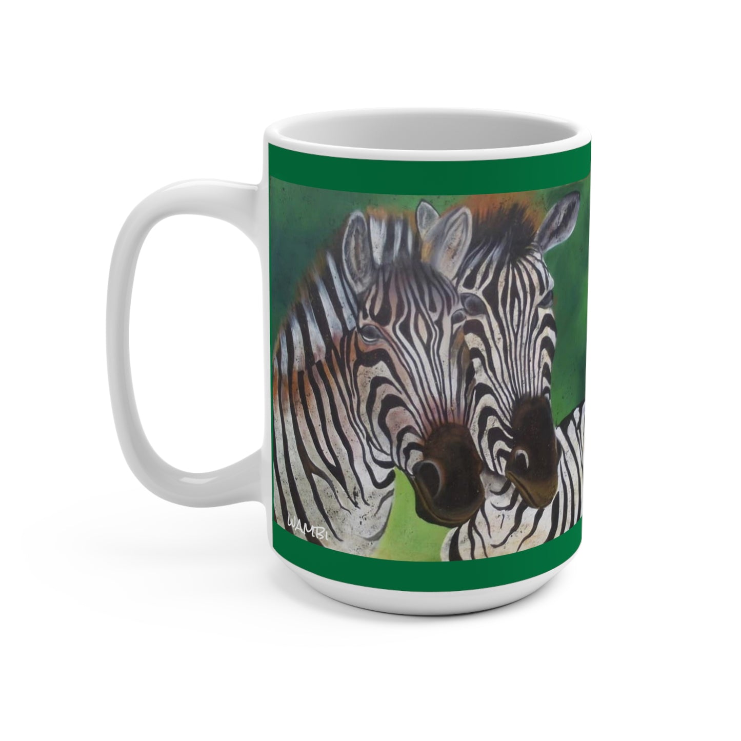 Green Ceramic Coffee Mug 15oz with Zebra pair - Artwork done by African Artist, Wambi Joseph