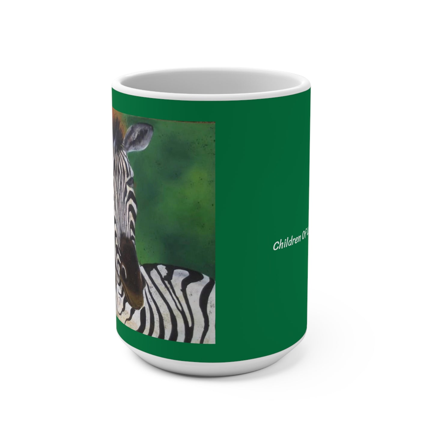 Green Ceramic Coffee Mug 15oz with Zebra pair - Artwork done by African Artist, Wambi Joseph