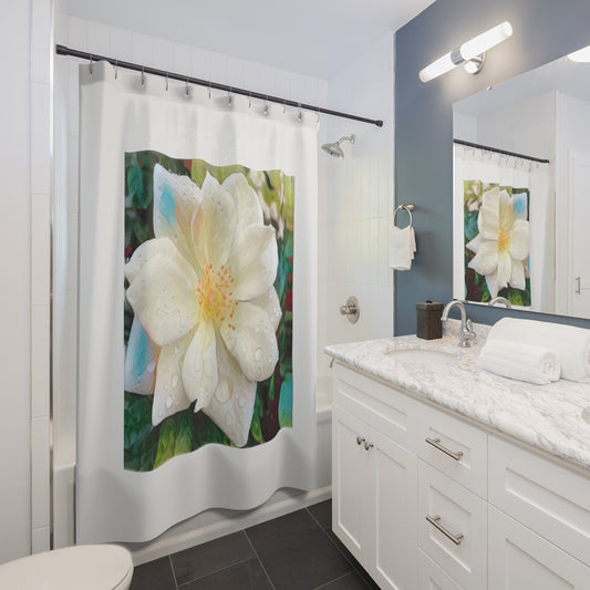 Eloquent White Rose in the Rain Shower Curtain 71" x 74"