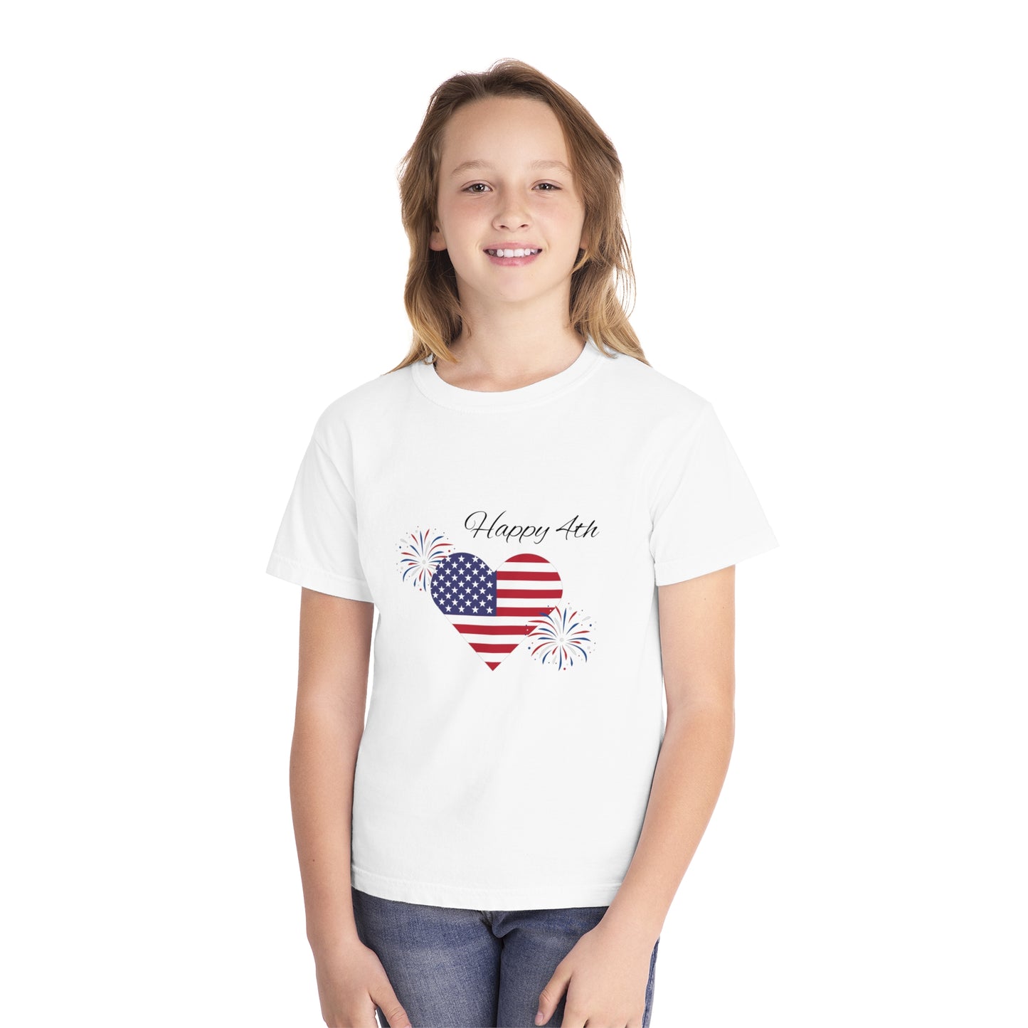 Happy 4th American Flag and Fireworks Youth T-Shirt 100% Cotton