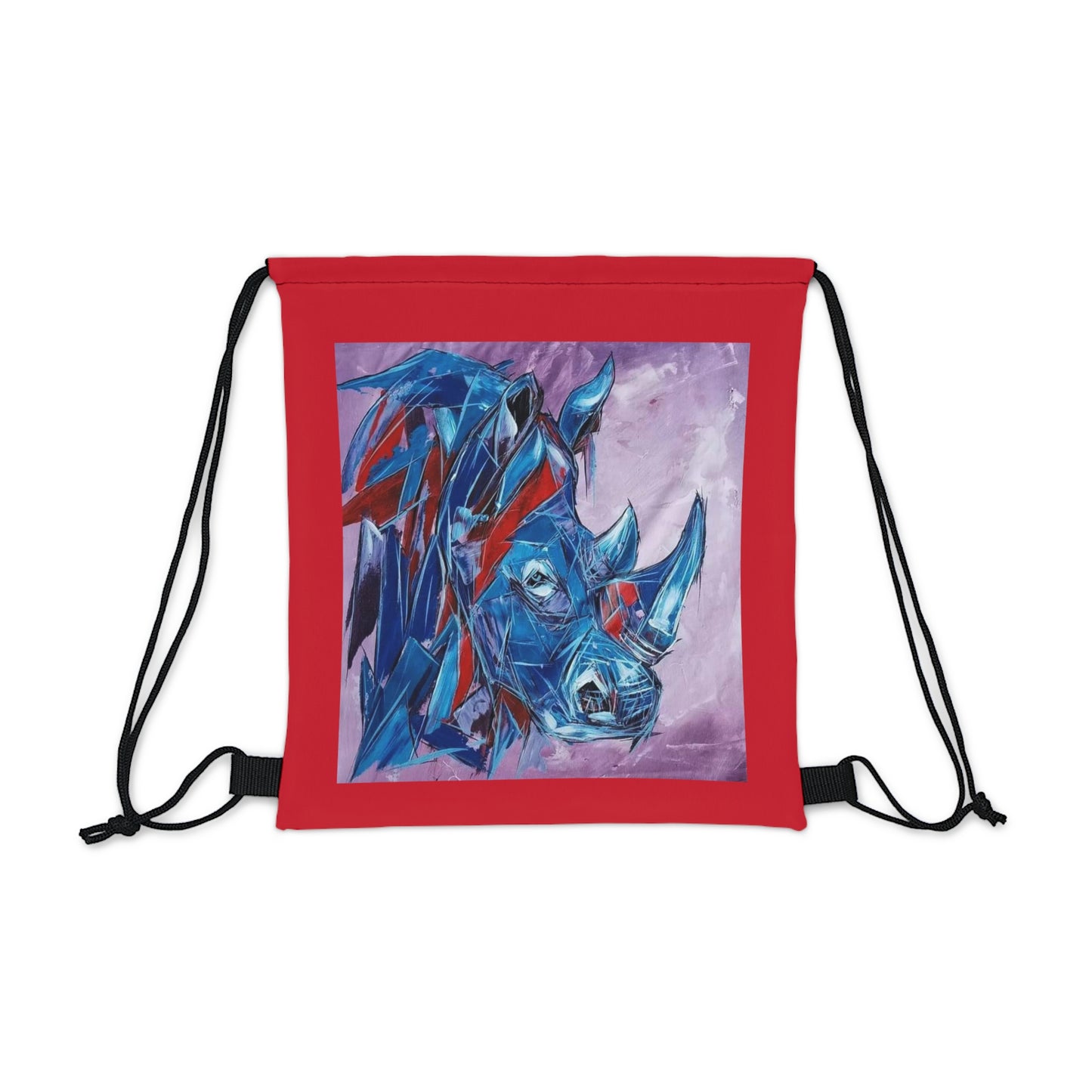 Red Trim Blue Rhino Outdoor Drawstring Bag Artwork done by African Artist, Wambi Joseph