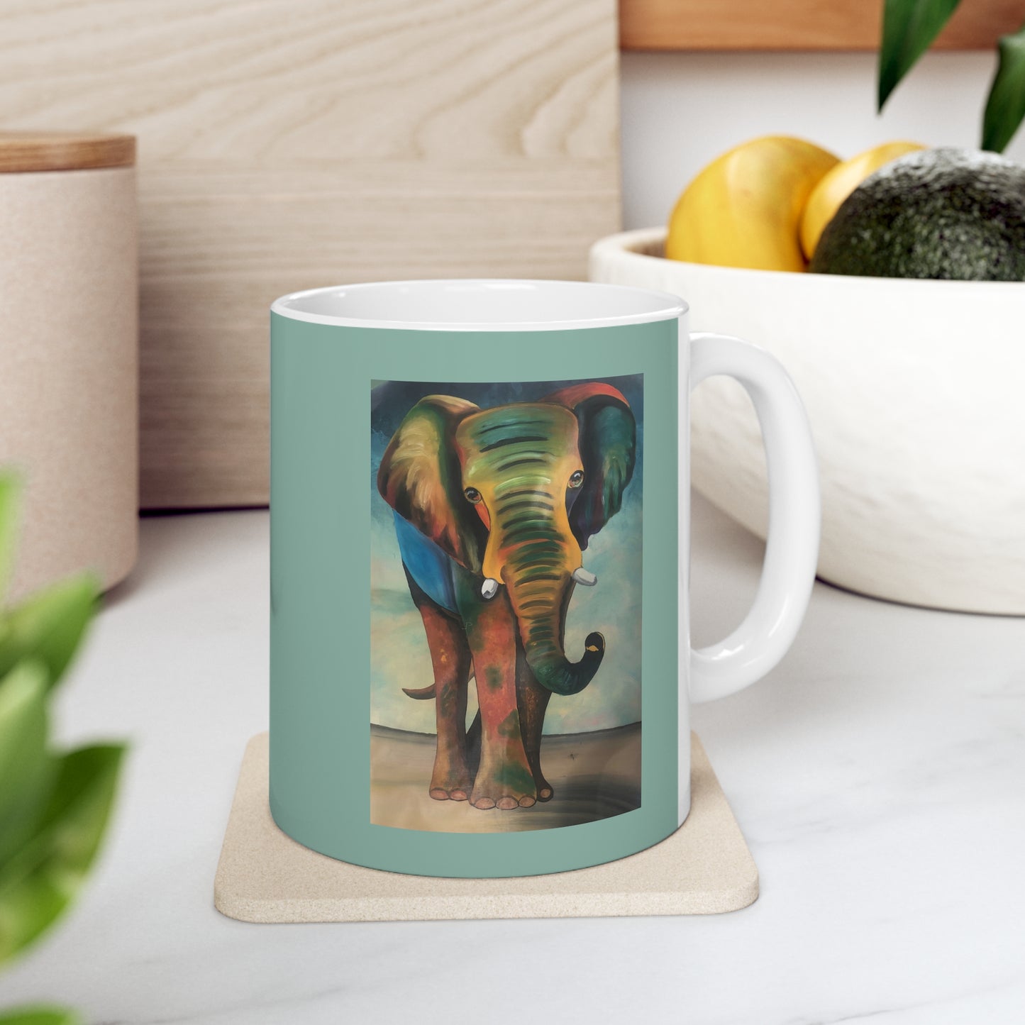 "African Elephant Greeting" Artwork created by African Artist, Wambi Joseph on a Ceramic Mug 11oz